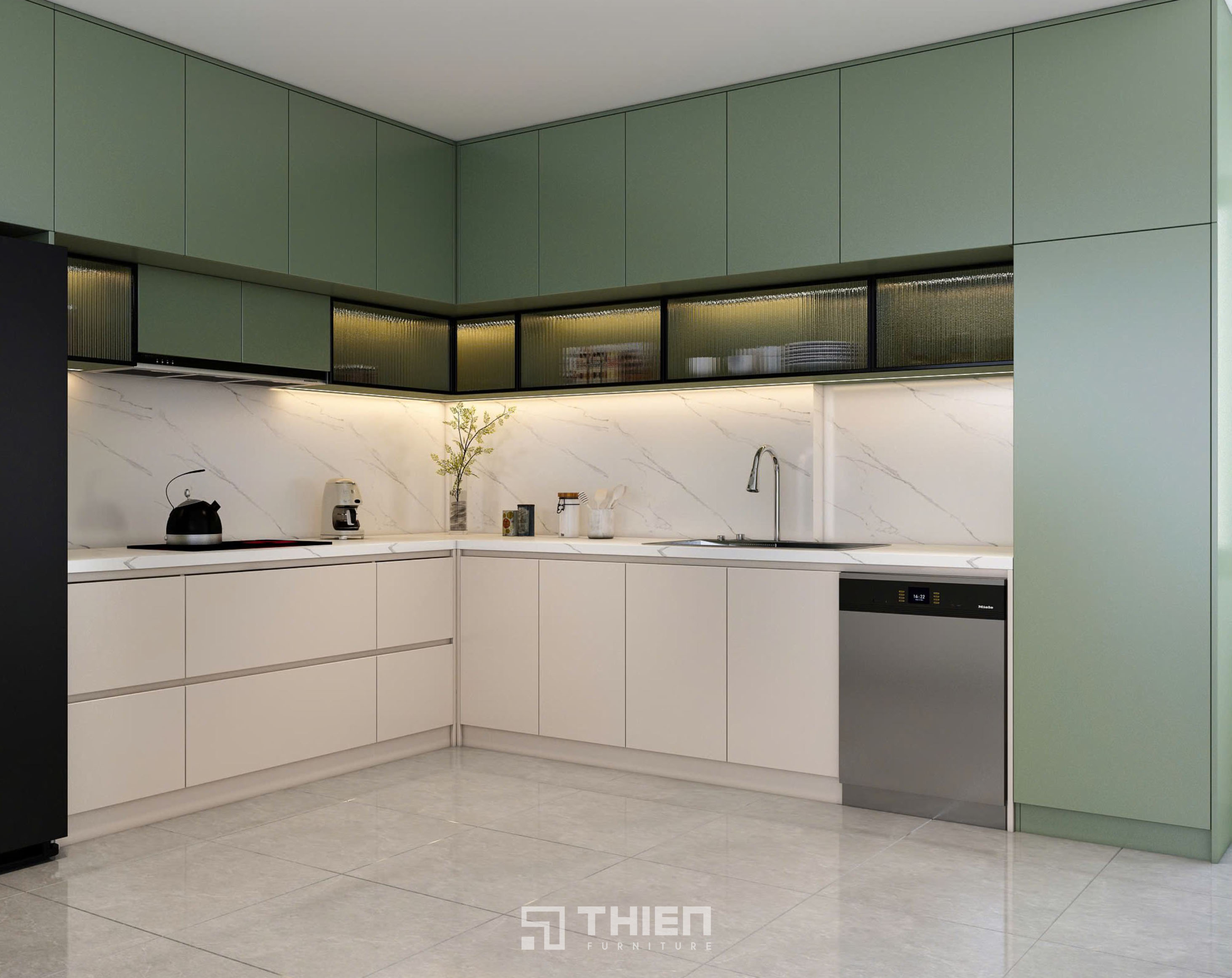 Tủ Bếp Chữ L Kịch Trần Hiện Đại Cho Nhà Phố TBT129